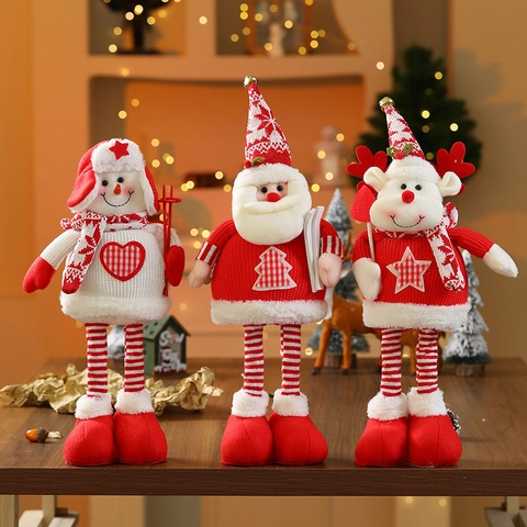 Christmas Telescopic Doll Knitted Plush Standing Santa Claus Snowman Reindeer Desktop Decor Festive Cartoon Ornament