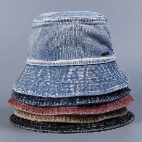Washed Denim Bucket Hat Distressed Vintage Cotton Wide Brim Sunshade Outdoor Summer Casual Unisex Metal Plaque Decor