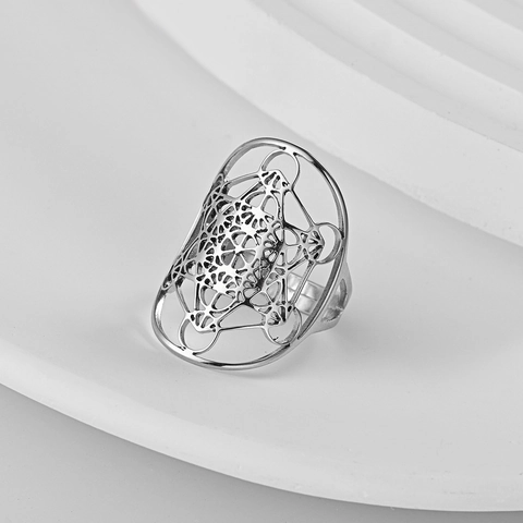 Vintage Stainless Steel Geometric Hollow Open Ring Metatron's Cube Flower Of Life Adjustable Jewelry For Unisex Decor