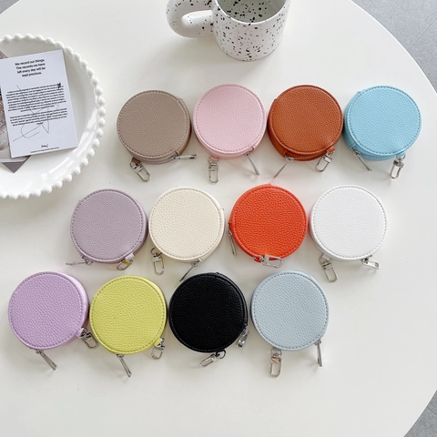 Mini Round Coin Purse PU Leather Litchi Pattern Earphone Case With Keychain Hook Zipper Portable Small Wallet