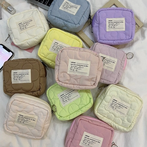 Mini Cosmetic Bag Quilted Cotton Portable Makeup Storage Pouch Zipper Candy Color Travel Toiletry Organizer For Women