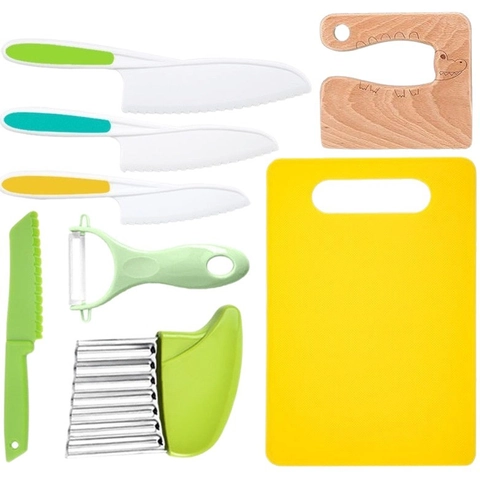 Toddler Safety Kitchen Knife Wood Cutting Board Plastic Serrated Blade Peeler Early Learning Cooking Tool For Kids