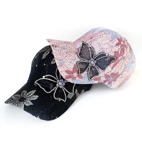 Casquette de Baseball en Dentelle Florale Papillon pour Femmes Chapeau de Soleil en Strass Voyage en Plein Air Doux Polyester