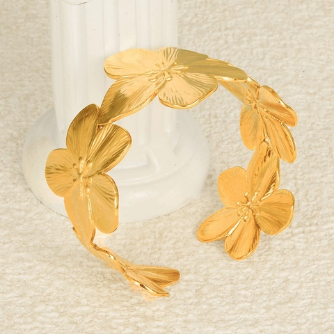 Flower Open Bangle Bracelet 304 Stainless Steel 18K Gold Plated Brushed Textured Adjustable Elegant Jewelry For Women