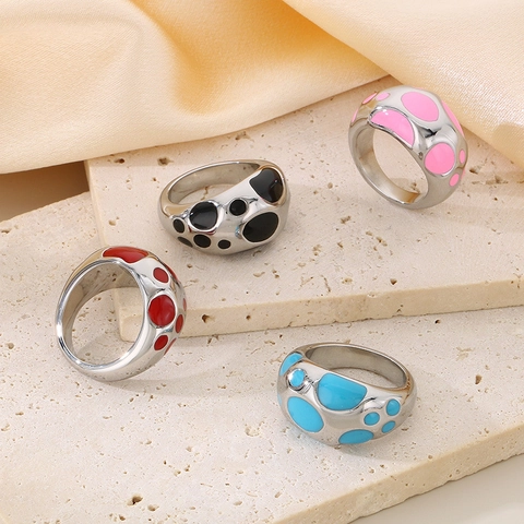 Vintage Chunky Wide Band Ring Stainless Steel With Colorful Enamel Polka Dot Pattern Modern Retro Jewelry For Women