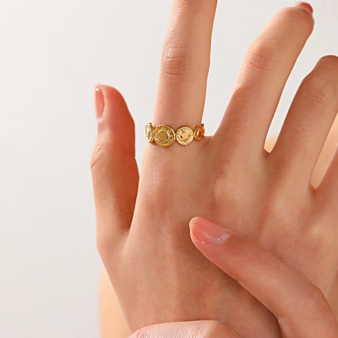 Geometric Round Open Gold Plated Stainless Steel Ring Adjustable Sunburst Texture Vintage Bohemian Jewelry For Women