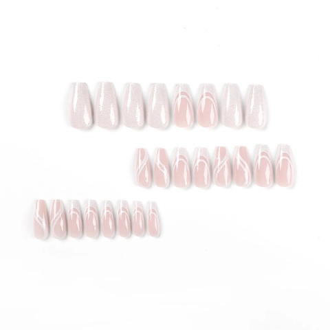 French Style Nude Pink Press On Nails With White Glitter Swirl Long Coffin Shape Artificial False Finger Nails
