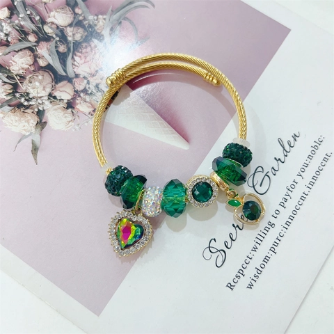 Pulsera De Cuentas Colgante Corazón Acero Inoxidable Chapado Oro Alambre Trenzado Brazalete Ajustable Mujer Diamantes Joyería