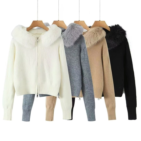 Damen Gebreid Vest Met Capuchon Kunstbontkraag Rits Trui Jas Slim Casual Lange Mouwen Winter Herfst Outerwear