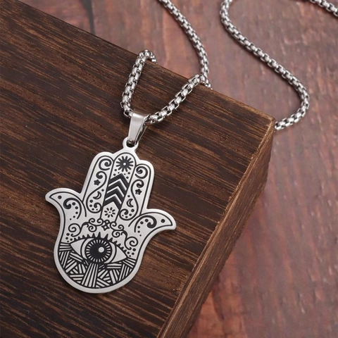 Hamsa Hand Anhänger Halskette Vintage Edelstahl Böser Blick Laser Graviert Spiritueller Schmuck Für Damen Herren