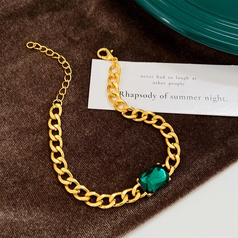 Vintage Gold Alloy Bracelet With Square Emerald Green Zirconia Fashion Thick Cuban Chain Tennis Bracelet For Women Jewelry Gift