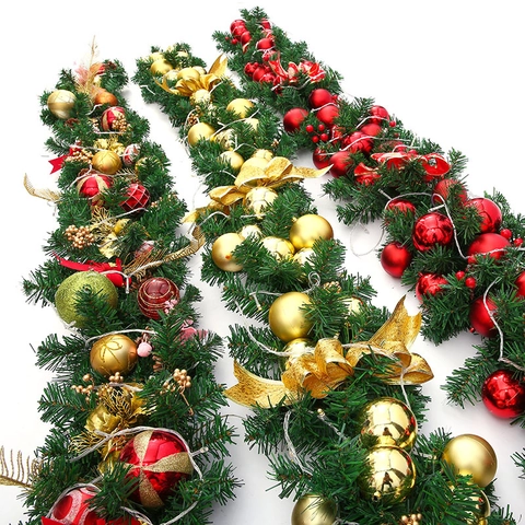 Deluxe Christmas Garland Rattan With Warm LED Lights Electroplated Balls Bows Flame Retardant PVC Festive Decoration For Home Hotel