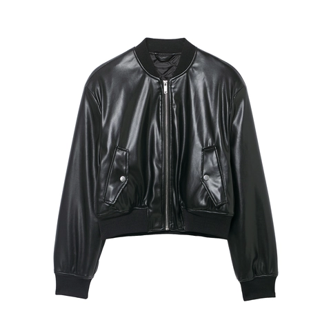 Women Faux Leather Bomber Jacket Loose Solid Color Zip Up Ribbed Trim Pilot Motorcycle Style Streetwear Outerwear Black