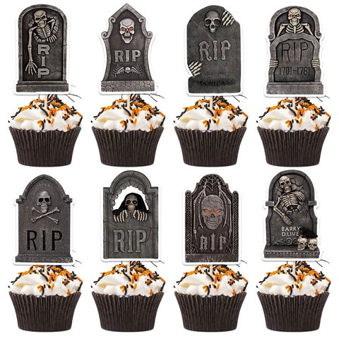 Halloween Cupcake Topper Grabstein RIP Skelett Design Karton Dekoration Für Gruselparty Friedhof Thema