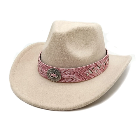 Cappello Da Cowboy Western Feltro Cotone Poliestere Tesa Larga Curva Vintage Fascia Rosa Fantasia Borchie Boho