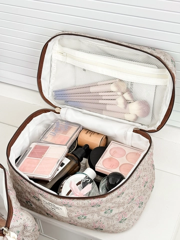 Quilted Floral Cosmetic Bag Corduroy Large Capacity Portable Travel Toiletry Pouch Fresh Pastoral Style Women Organizer