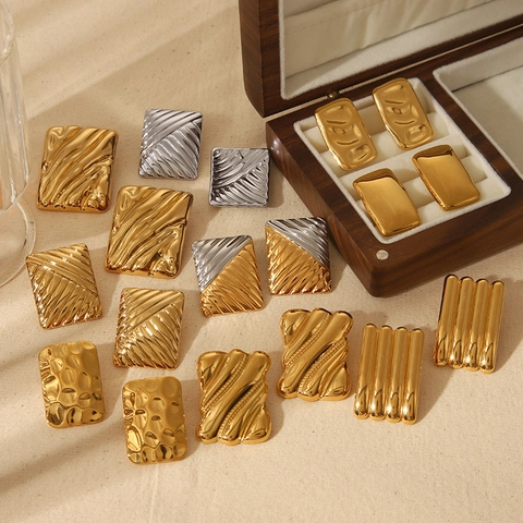 Rectangular Stud Earrings Stainless Steel 18K Gold Plated Striped Geometric Texture Minimalist Jewelry For Women