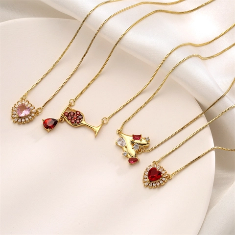 Collar Con Colgante De Corazón Copa De Vino Cobre Con Circón Micro Pavé Cadena De Caja Joyería Elegante Para Mujer
