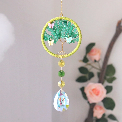 Handmade Tree of Life Crystal Suncatcher With Aventurine Stone Butterfly Decor Window Car Hanging Ornament Home Decoration Gift