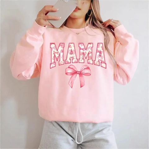 Women Mama Est 2025 Coquette Hoodie Fleece Lined Pullover Sweatshirt Aesthetic Casual Long Sleeve Pink Bow Print Top