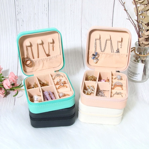 Tragbare PU Leder Schmuck Organizer Box Mini Reise Reißverschluss Display Case Für Ringe Ohrringe Halsketten Schmuckschatulle