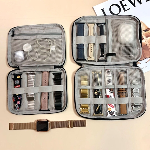 Portable Watch Band Storage Bag Nylon Fabric Water Resistant Travel Organizer For Smartwatch Straps Charging Cables Electronic Accessories Zipper Pouch