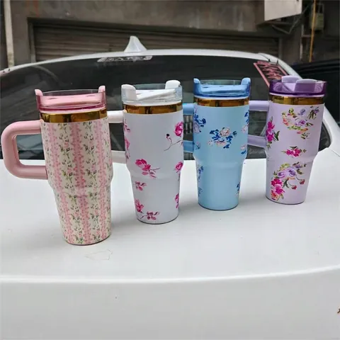 Insulated 304 Stainless Steel Tumbler Vacuum Cup With Handle Lid And Straw Floral Print Car Travel Mug Portable