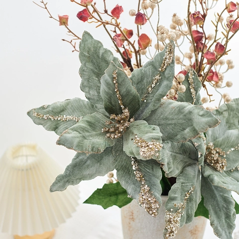 Large Artificial Poinsettia Flower Velvet Glitter Sparkle Christmas Tree Decoration Holiday Home Party Ornament Elegant