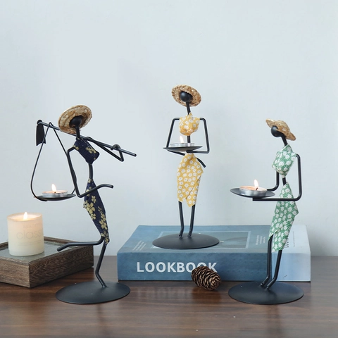 African Figure Iron Candle Holder Silhouette With Floral Fabric Dress And Straw Hat Desktop Decorative Ethnic Style Tea Light Tray