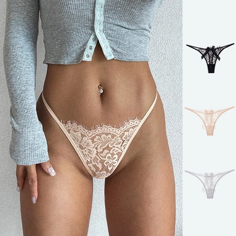 String En Dentelle Florale Pour Femmes Taille Basse G-String Transparent Avec Nœud Bordure En Cils Gousset En Coton Lingerie