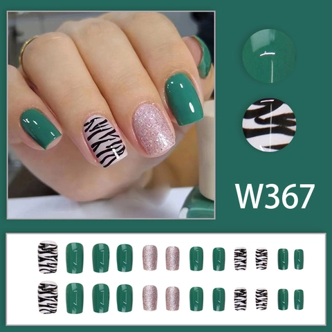 Faux Ongles À Presser Motif Zèbre Vert Foncé Paillettes Roses Ongles Artificiels Moyens Longs Pour Femmes