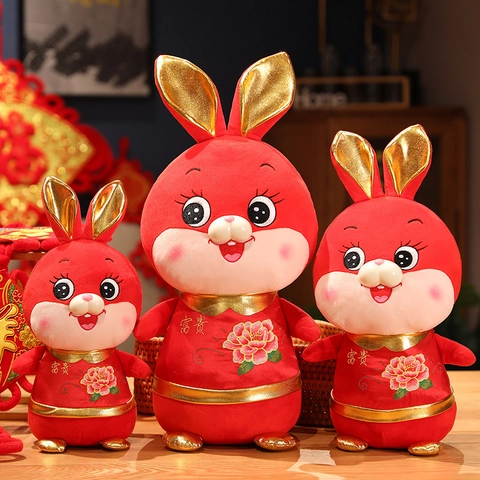 Peluche Coniglio dello Zodiaco del Capodanno Cinese Peluche Rosso Mascotte Con Ricamo Peonia per Decorazione Domestica Regalo di Capodanno