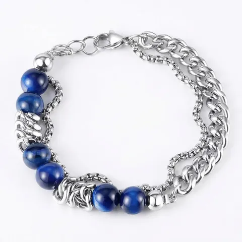 Bracciale A Strati Acciaio Inossidabile Pietra Occhio Di Tigre Blu Catena Gruman Per Uomo Donna Gioielli