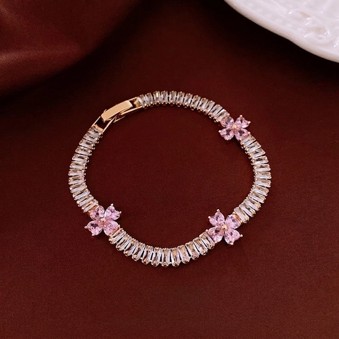 Baguette Cubic Zirconia Bracelet Heart Flower Charm Copper Gold Plated Elegant Fashion Jewelry For Women