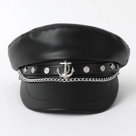 Gorra De Capitán De Cuero PU Negro Para Mujer Con Adorno De Ancla De Cadena De Metal Boina Militar Vintage De Techo Plano