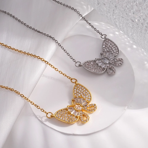 Elegante Kupfer Schmetterling Anhänger Halskette Für Damen Mikro Eingelegtes Zirkonia Luxus Galvanisierte O-Kette Schmuck Geschenk