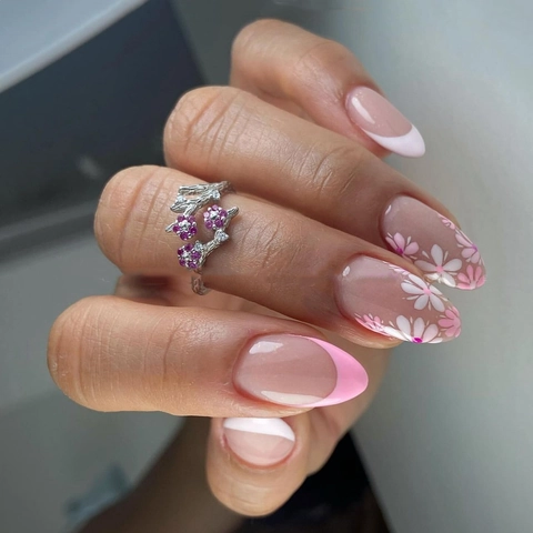 Faux Ongles Press On Amande Français Rose Motif Floral Longs Ongles Artificiels Avec Colle Style Été Minimaliste Pour Femmes