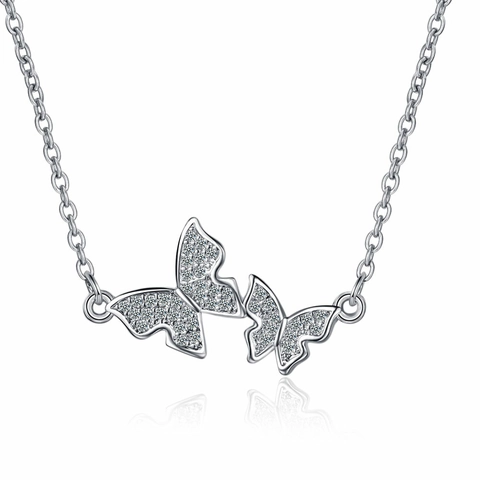 Collana Con Ciondolo a Farfalla di Moda Per Donna in Rame Con Zirconia Design a Doppia Farfalla Catena Per Clavicicola Tono Argento