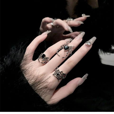 Bague Araignée Toile Araignée Alliage Strass Noir Ajustable Ouverte Retro Punk Y2K Bijoux