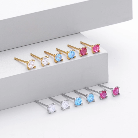 Pendientes De Botón De Circón Redondos Minimalistas Geométricos Cuatro Garras 925 Sterling Silver Earring Post Joyería Mujer