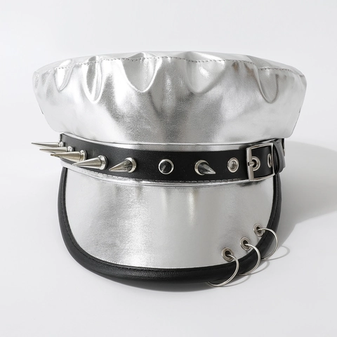 Gorra Militar De Cuero PU Plateado Sombrero Newsboy Punk Remaches Anillos De Metal Cyberpunk Gótico
