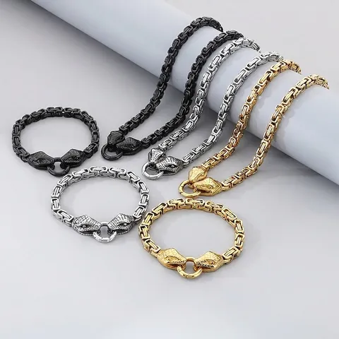 Conjunto De Joyería Para Hombre Acero Inoxidable Cadena Bizantina Collar Y Pulsera Con Doble Cabeza De Serpiente Rock Hip Hop