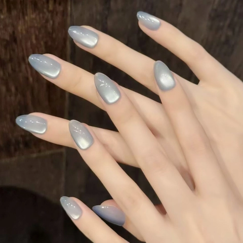 Blue Gray Cat Eye Press On Nails Almond Shape Detachable ABS Plastic Shiny Elegant Long Lasting False Nails For Women