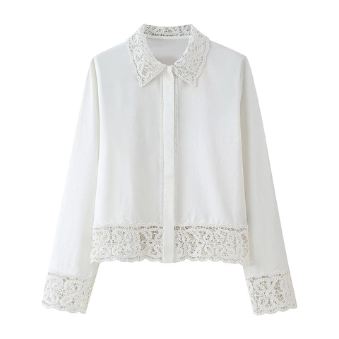 Witte Blouse Met Lange Mouwen En Gehaakte Kant Trim Reverskraag Knoopsluiting Polyester Shirt Dames Elegant