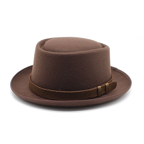 Chapeau Pork Pie Vintage Feutre De Laine Fedora Plat Avec Bande En Cuir Cousue Pour Hommes Femmes Style Britannique Hiver