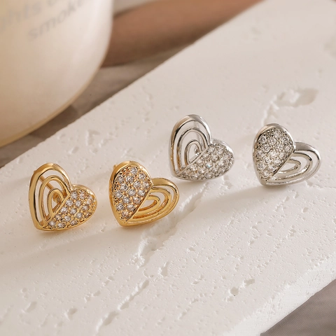 Pendientes de Botón de Corazón de Cobre Minimalistas Diseño Hueco Elegantes Pendientes Color Oro Plata Para Mujer Joyería