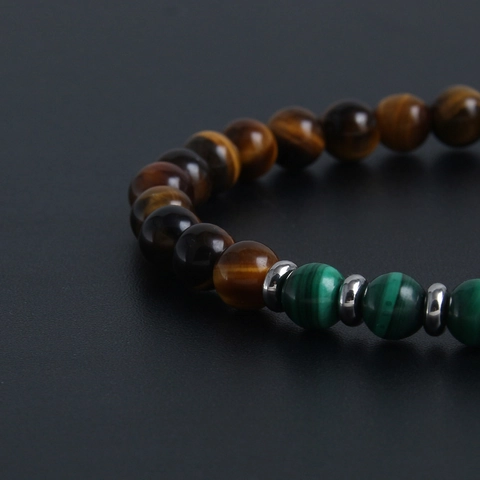 Natural Tiger Eye Malachite Beaded Bracelet Elastic Stainless Steel Spacers Geometric Trendy Jewelry Gift For Men Women