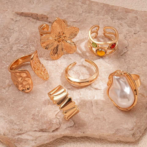 Vintage Bohemian Alloy Rings Flower Design Hammered Texture Imitation Artificial Pearl Multi Color Gemstones Adjustable Women
