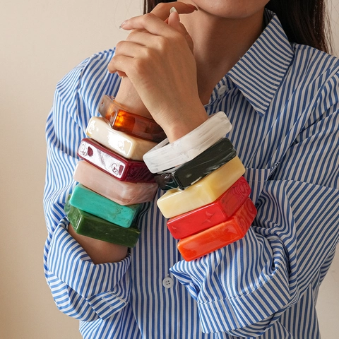 Chunky Square Acrylic Resin Bangle Bracelet Geometric Marble Texture Large Exaggerated Retro Fashion Hand Jewelry For Women