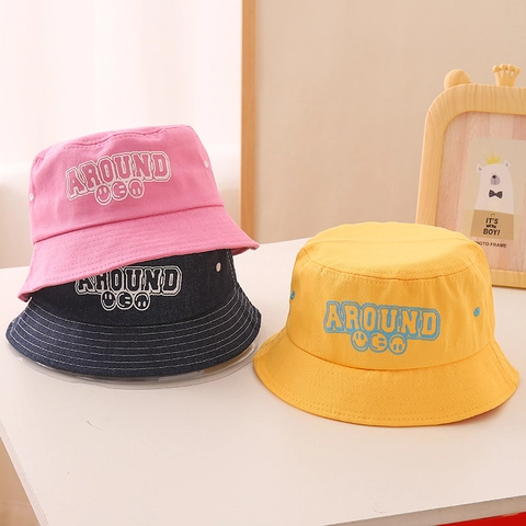 Kids Bucket Hat Cotton Canvas Sun Protection Smile Embroidery Wind Rope Wide Brim For Boys Girls